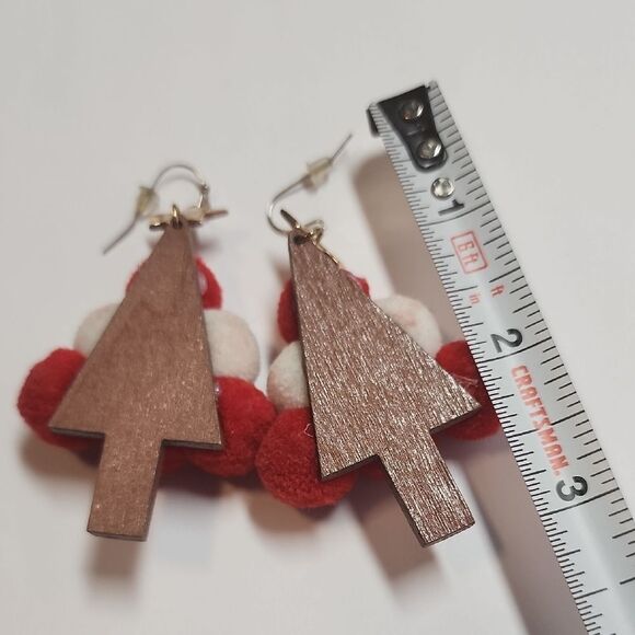 Festive Red and White Pom Pom Tree Earrings - Picture 3 of 3